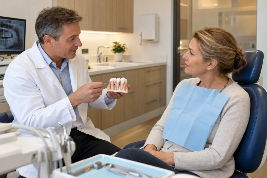 Dentiste expliquant un soin des gencives à une patiente