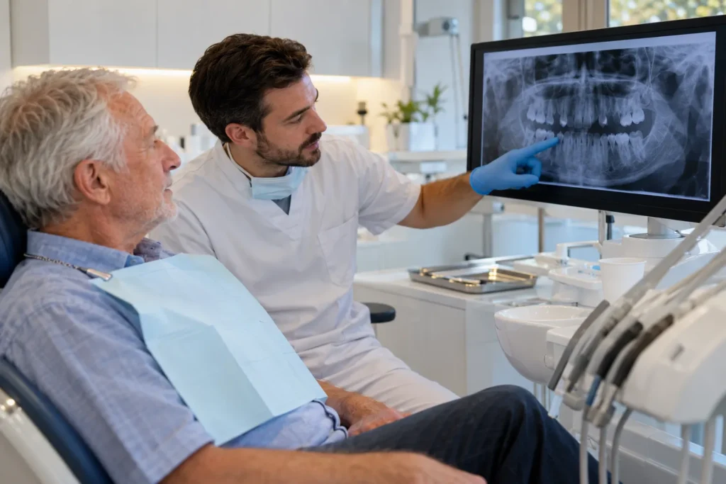Dentiste montrant une radiographie des gencives à un patient
