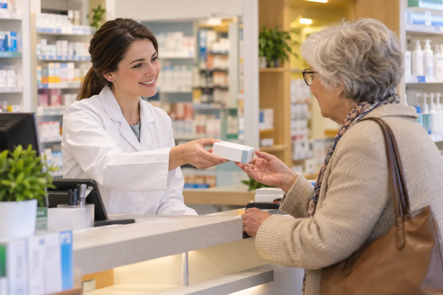 Pharmacienne remettant un médicament générique à une cliente