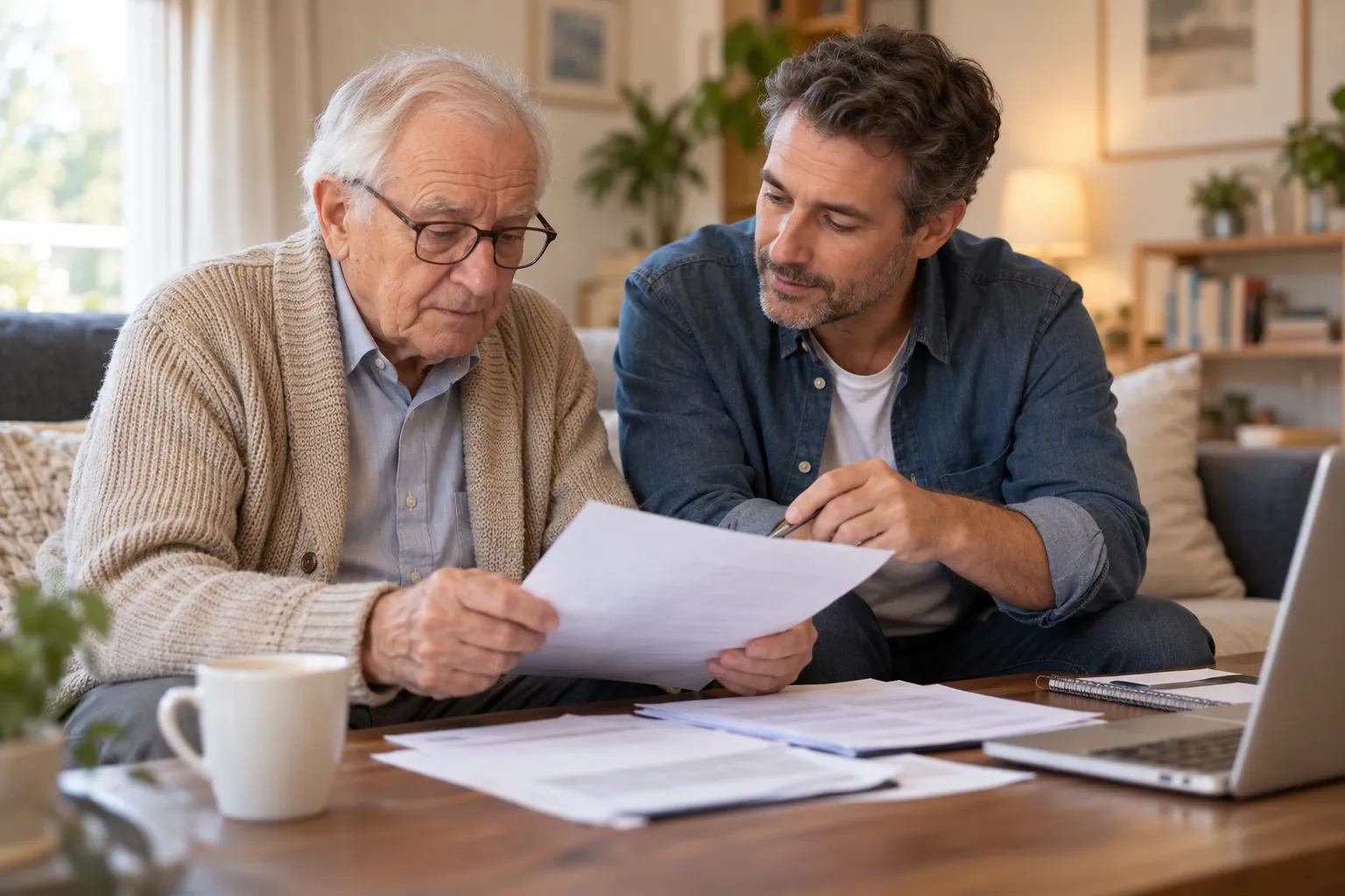 Homme âgé relisant des documents avec son fils
