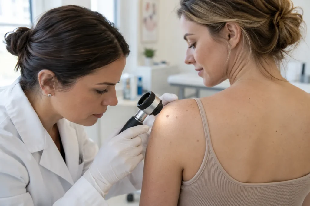 Dermatologue examinant un grain de beauté sur l'épaule d'une patiente