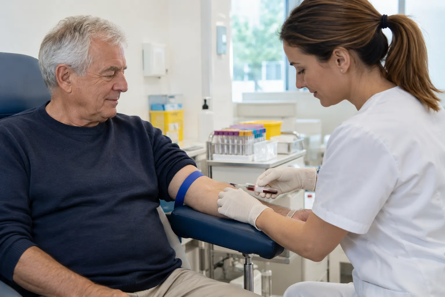 Homme senior faisant une prise de sang au laboratoire