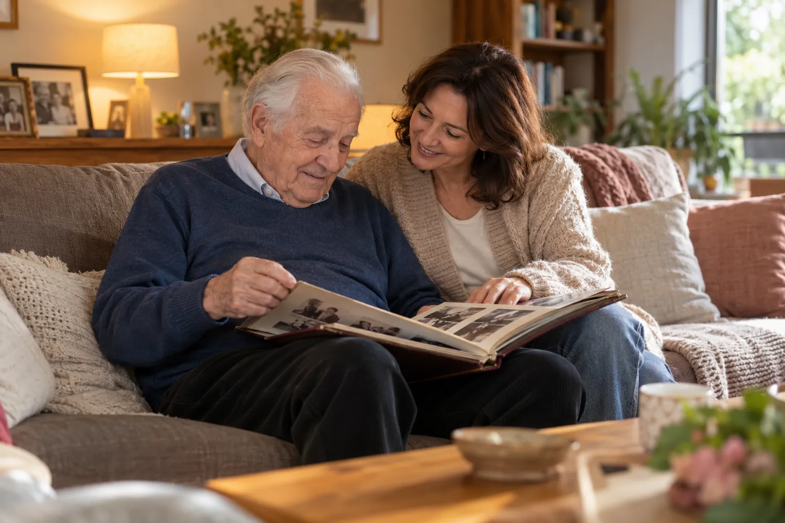 Homme âgé regardant un album photo avec sa fille