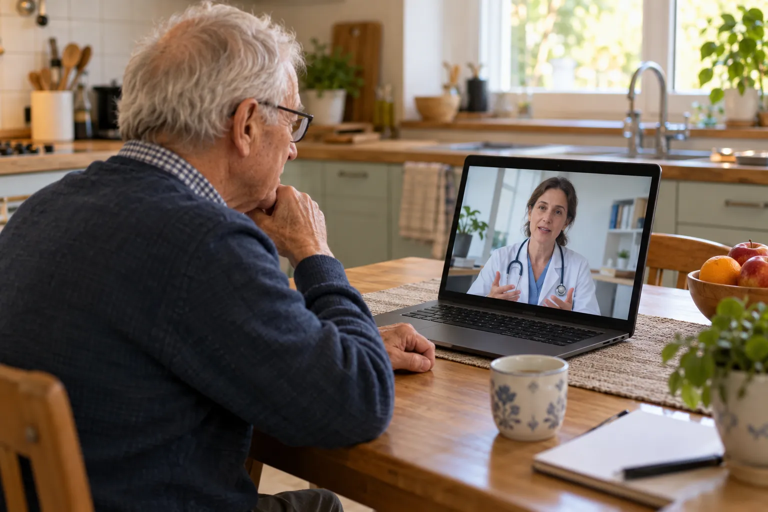 Homme senior en téléconsultation depuis sa cuisine