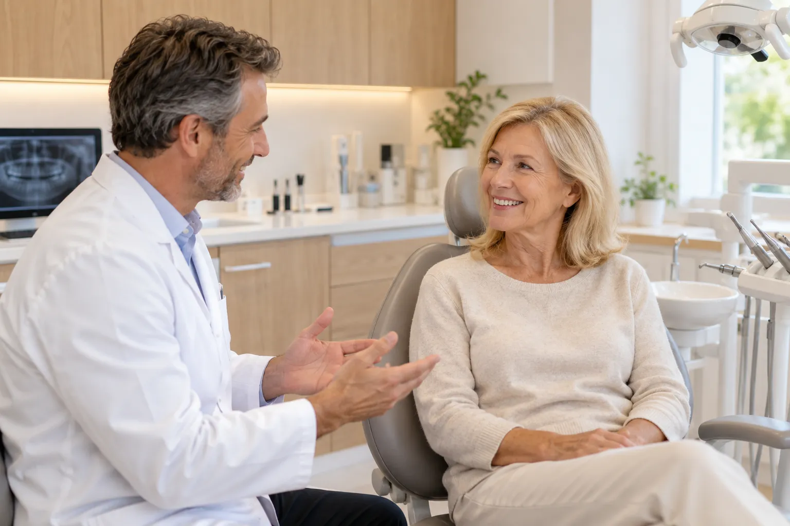 Patiente senior souriante échangeant avec son dentiste